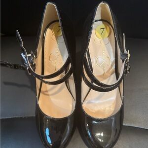 Jessica Simpson Shiny Black Double Strap Heels